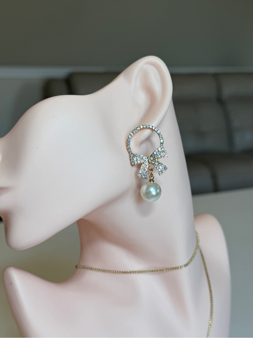 Crystal Bow Pearl Drop Earrings - White